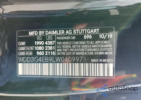 2020 Mercedes-Benz A 220 из США, поврежденный, VIN WDD3G4EB9LW040997